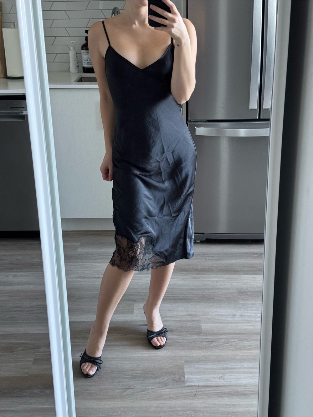 Aritzia Black Satin Slip Dress with Lace Hem